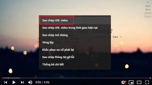 sao chép url video youtube