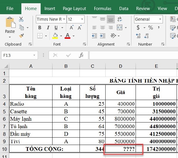 Bạn nhập vào ô B9 công thức =SUM(D4:D9) sẽ được kết quả như hình: